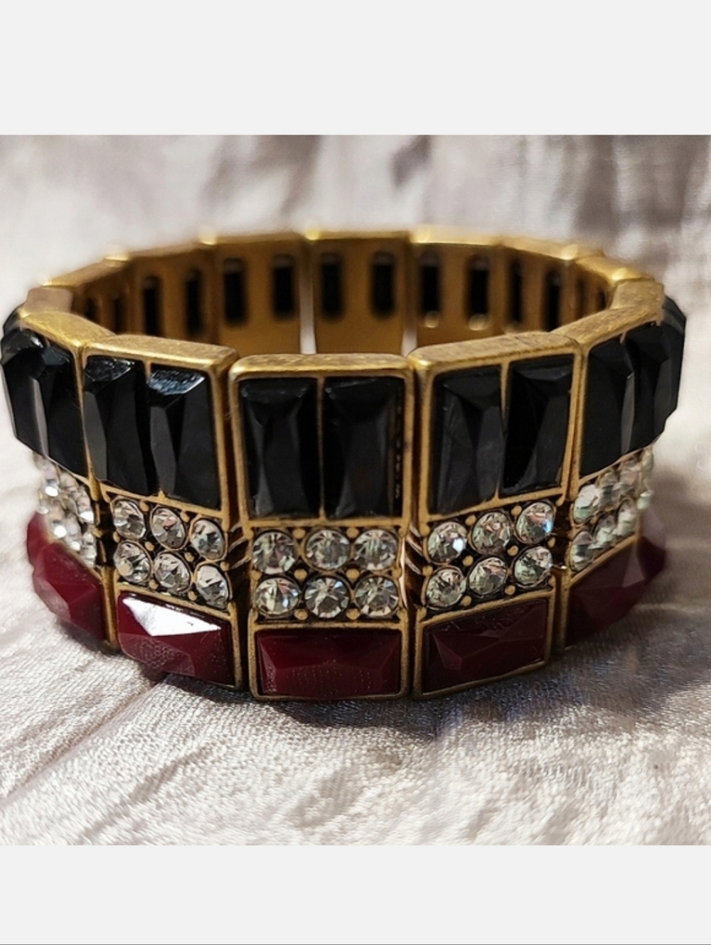 J. Crew Baguette Acrylic Black Merlot Rhinestone Stretch Bracelet Oxidized Brass